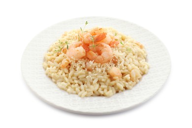 Photo of Delicious risotto with shrimps and cheese isolated on white