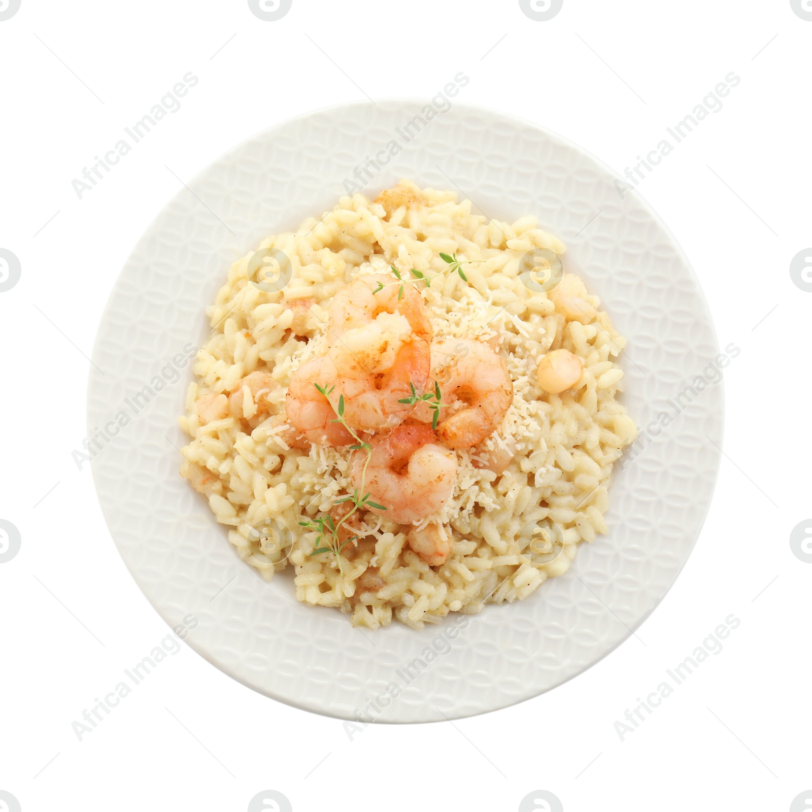 Photo of Delicious risotto with shrimps and cheese isolated on white, top view