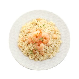 Photo of Delicious risotto with shrimps and cheese isolated on white, top view