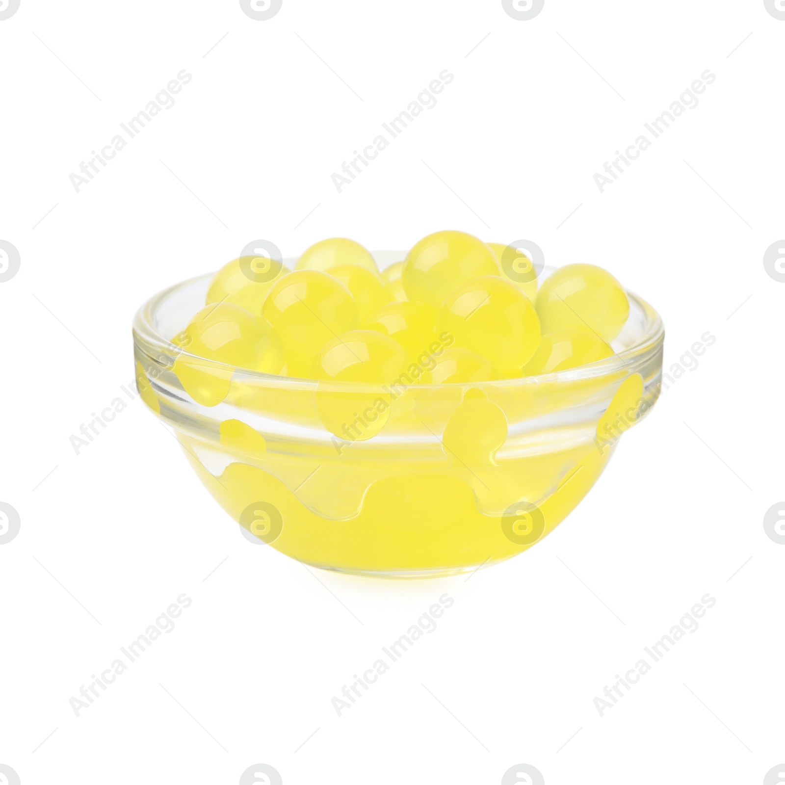 Photo of Bright tapioca pearls in bowl isolated on white