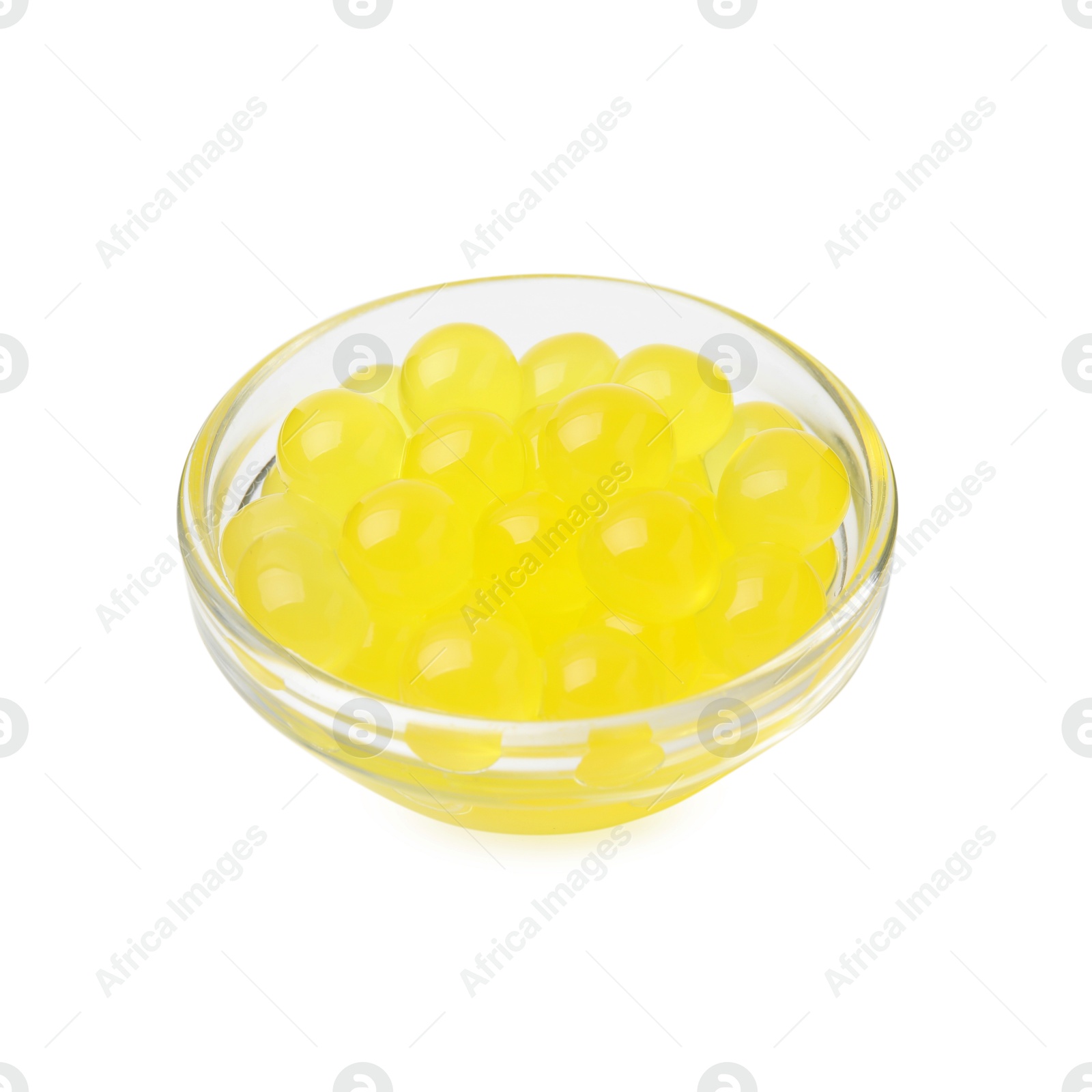 Photo of Bright tapioca pearls in bowl isolated on white