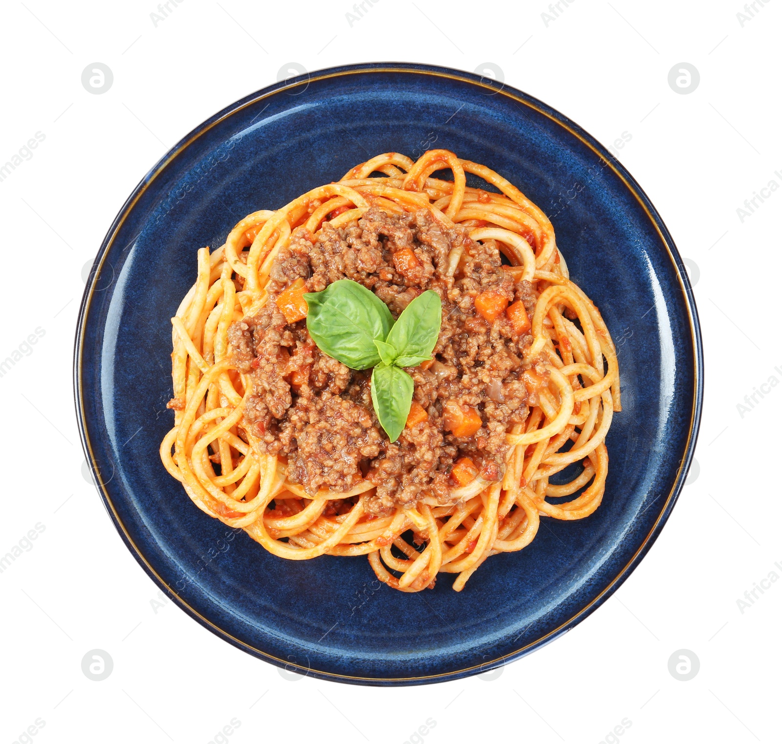 Photo of Delicious pasta bolognese with basil isolated on white, top view