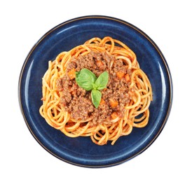 Photo of Delicious pasta bolognese with basil isolated on white, top view