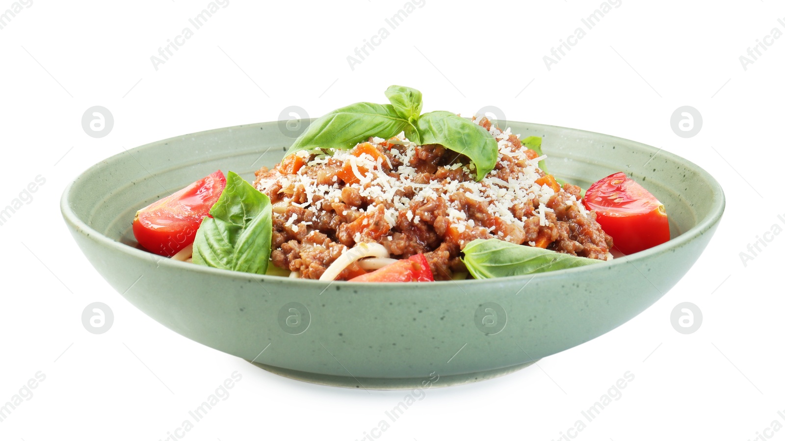 Photo of Delicious pasta bolognese with basil and tomatoes isolated on white