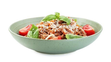 Photo of Delicious pasta bolognese with basil and tomatoes isolated on white