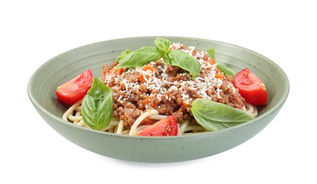 Photo of Delicious pasta bolognese with basil and tomatoes isolated on white