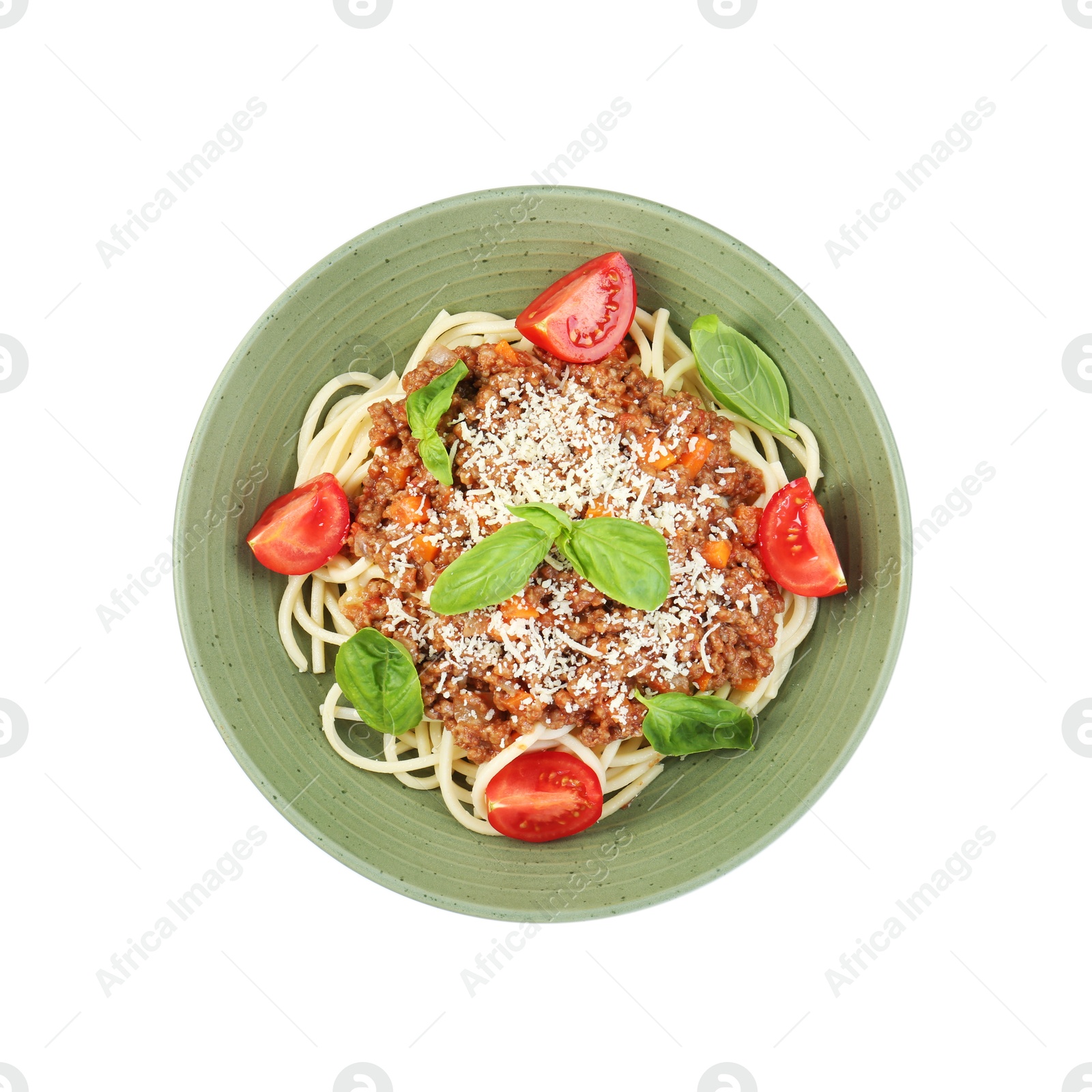 Photo of Delicious pasta bolognese with basil and tomatoes isolated on white, top view