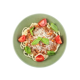 Photo of Delicious pasta bolognese with basil and tomatoes isolated on white, top view