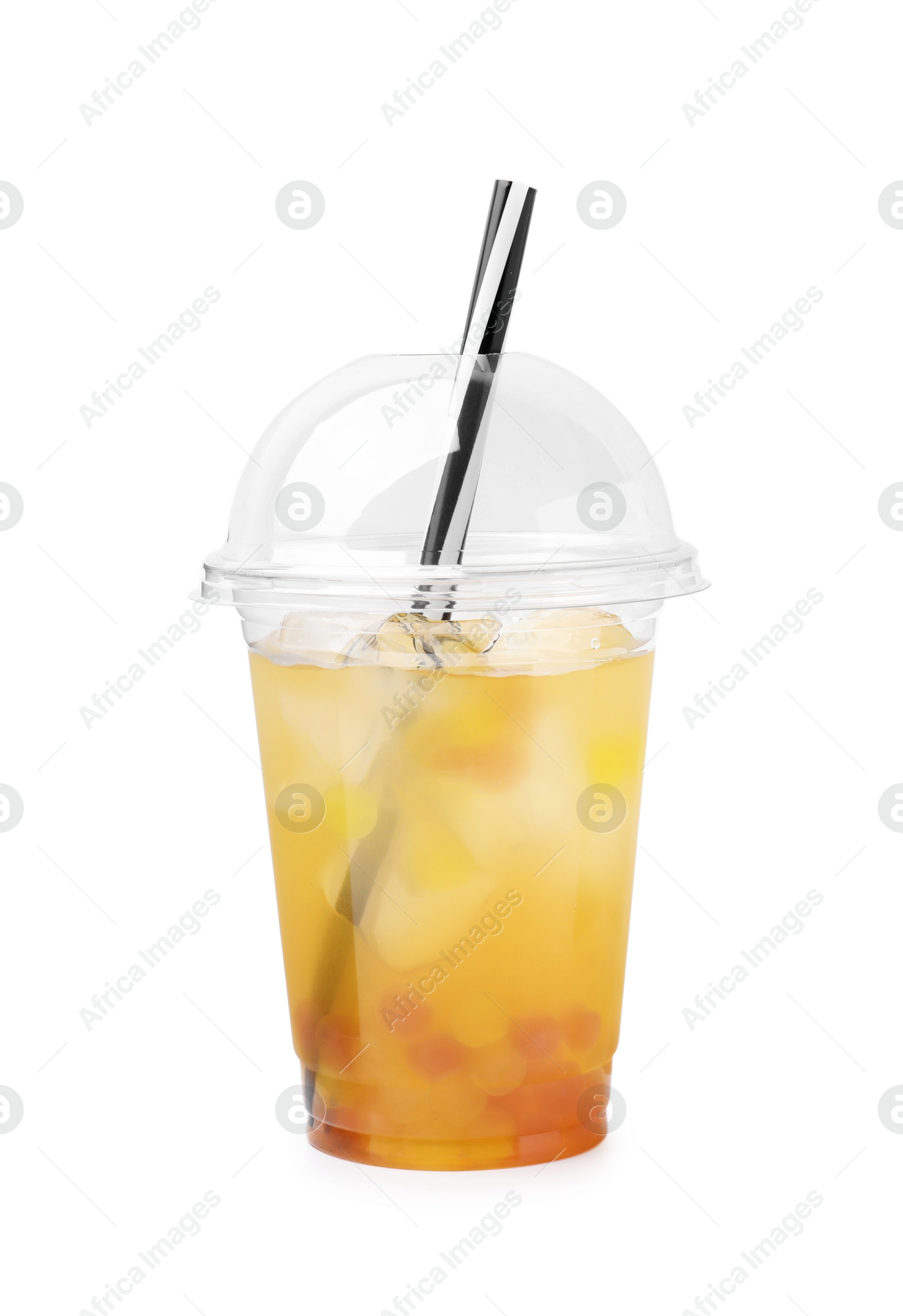 Photo of Tasty bubble tea in plastic cup isolated on white