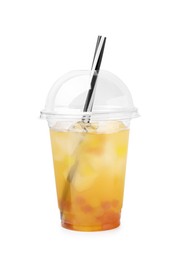 Photo of Tasty bubble tea in plastic cup isolated on white