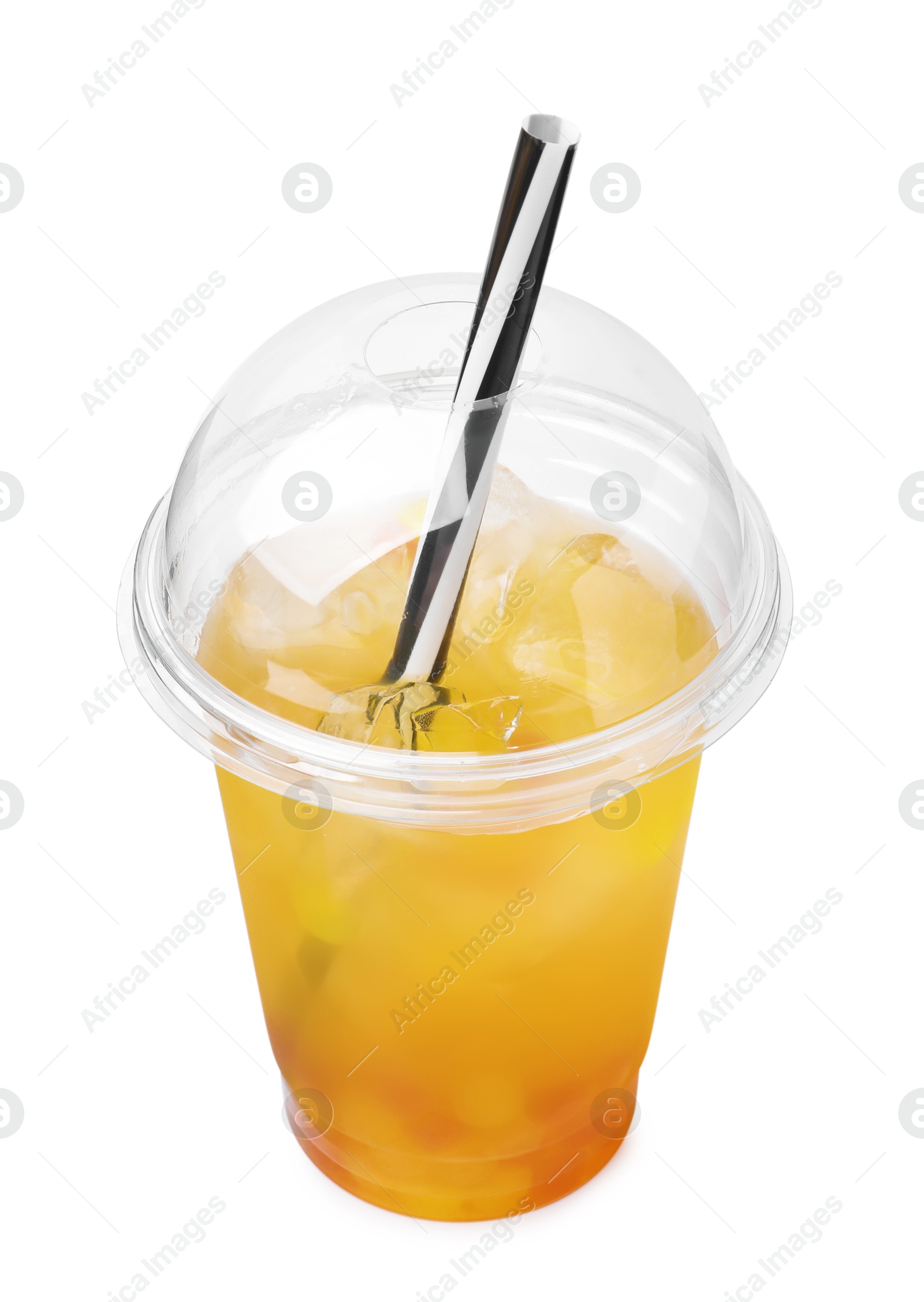 Photo of Tasty bubble tea in plastic cup isolated on white