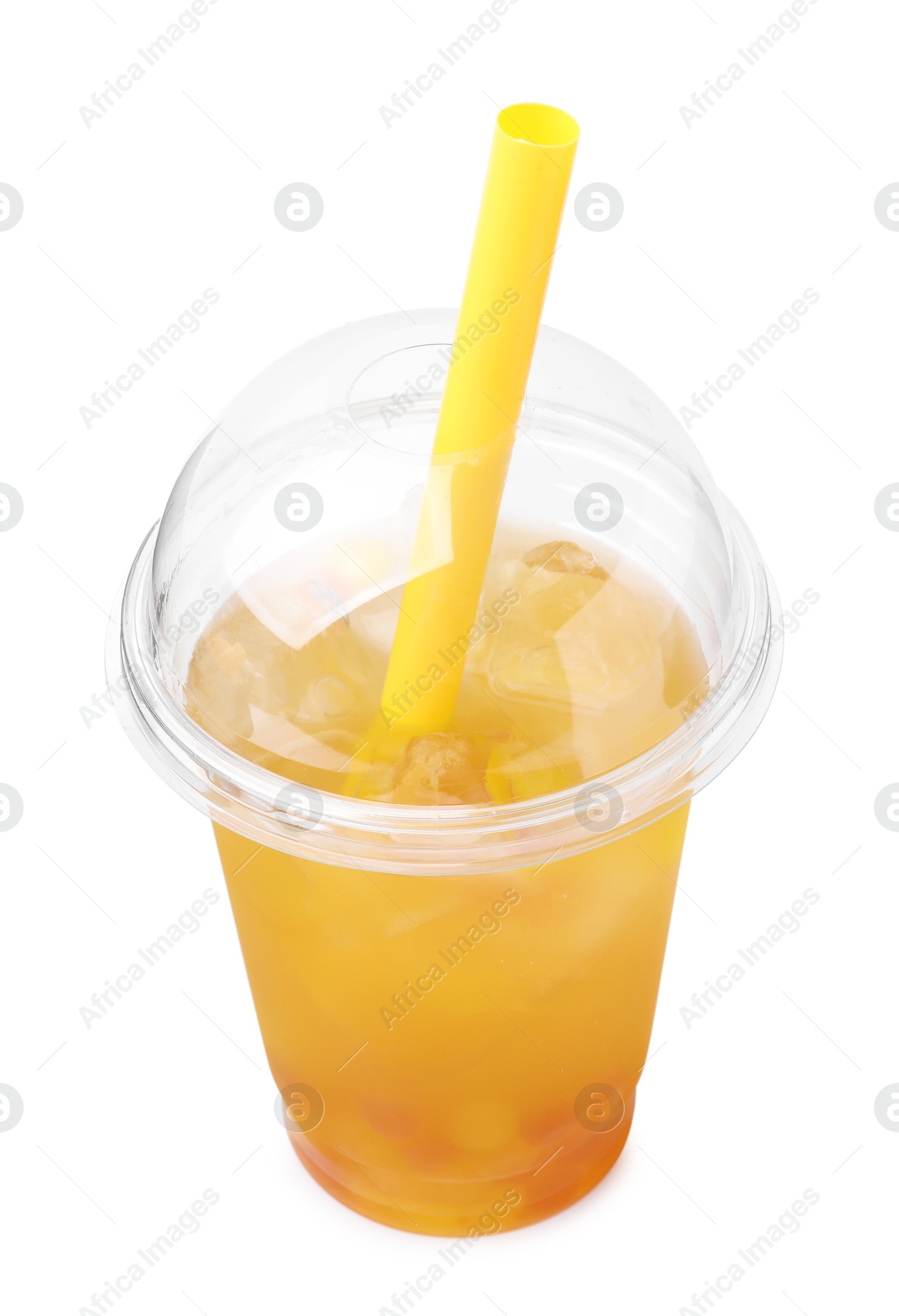 Photo of Tasty bubble tea in plastic cup isolated on white