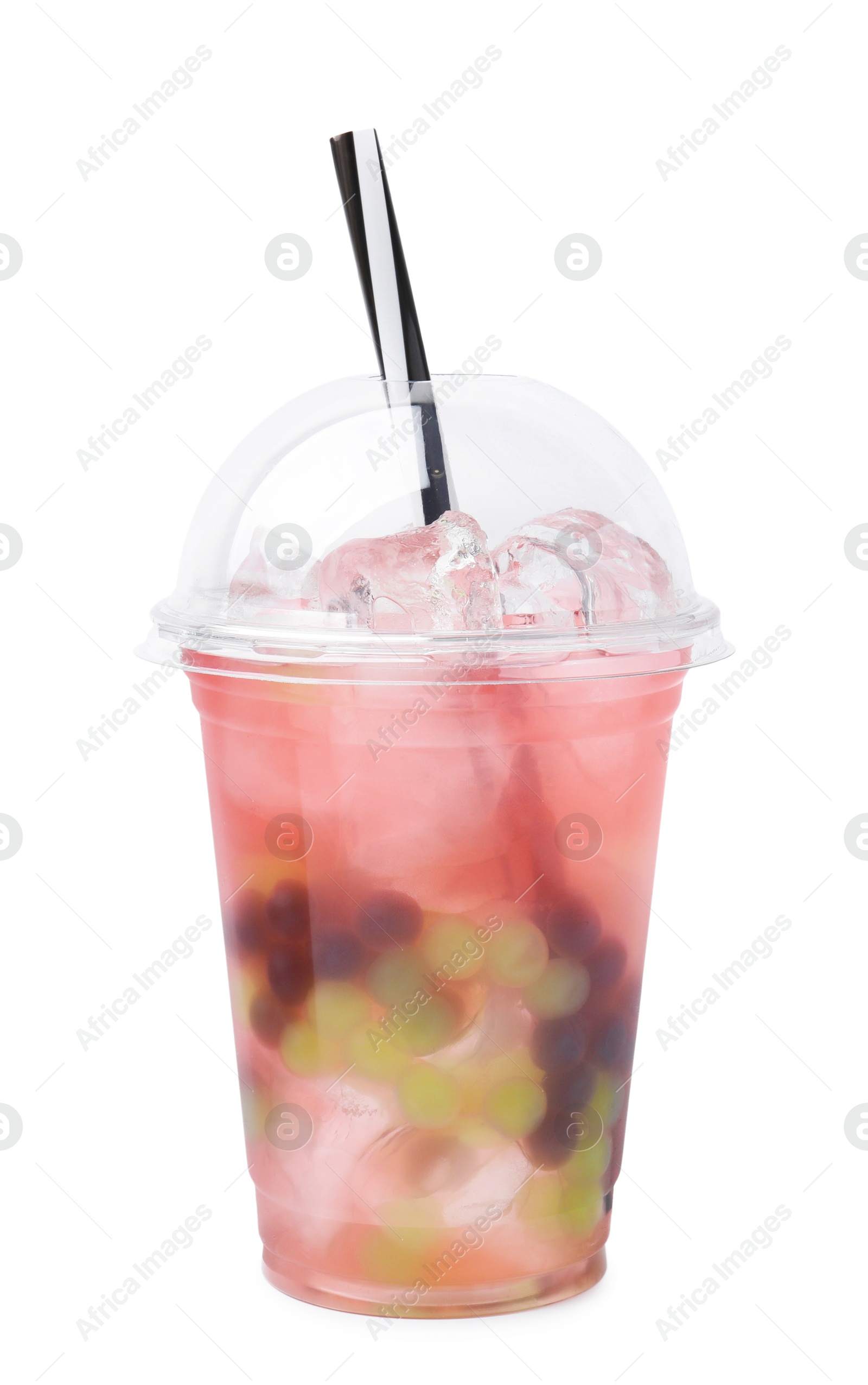 Photo of Tasty bubble tea in plastic cup isolated on white