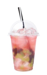 Photo of Tasty bubble tea in plastic cup isolated on white