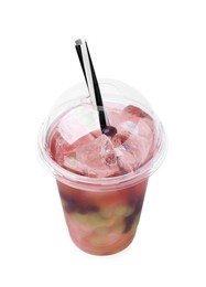 Photo of Tasty bubble tea in plastic cup isolated on white