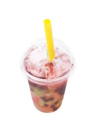 Photo of Tasty bubble tea in plastic cup isolated on white