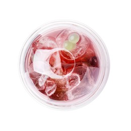 Photo of Tasty bubble tea in plastic cup on white background, top view