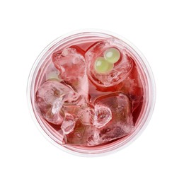 Photo of Tasty bubble tea in plastic cup on white background, top view