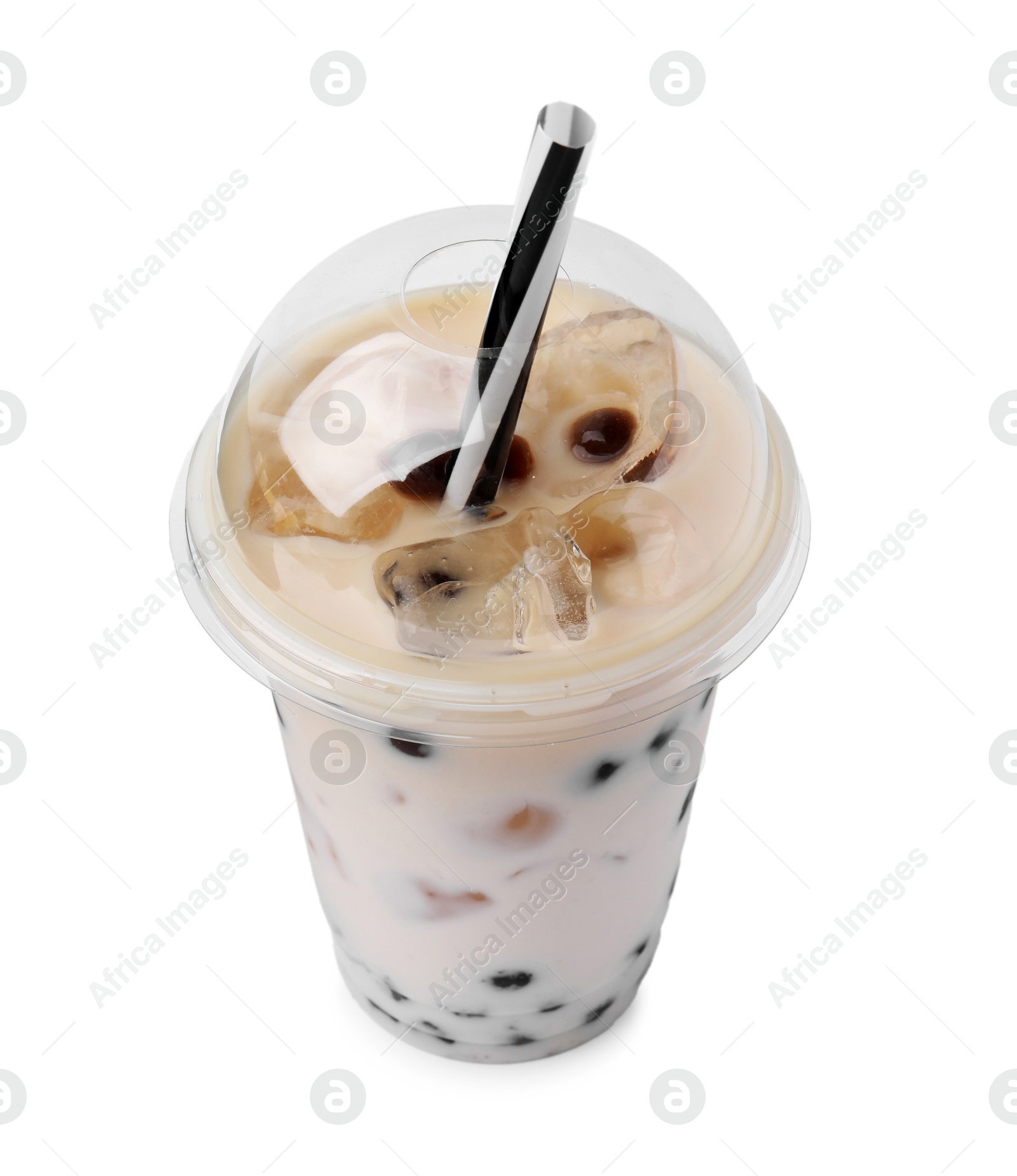 Photo of Tasty milk bubble tea in plastic cup isolated on white