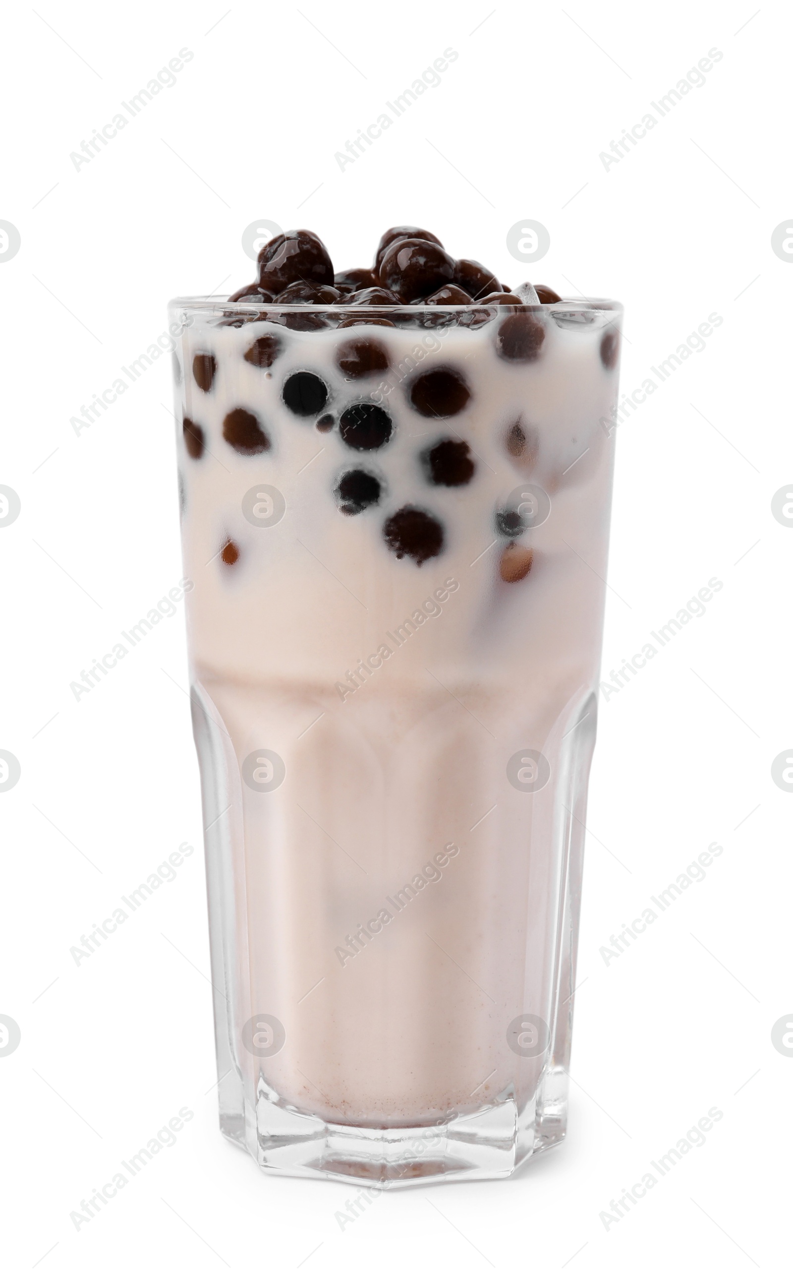 Photo of Tasty milk bubble tea in glass isolated on white