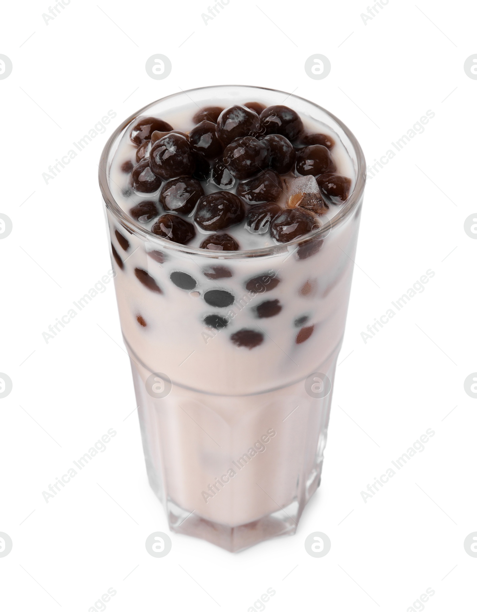 Photo of Tasty milk bubble tea in glass isolated on white