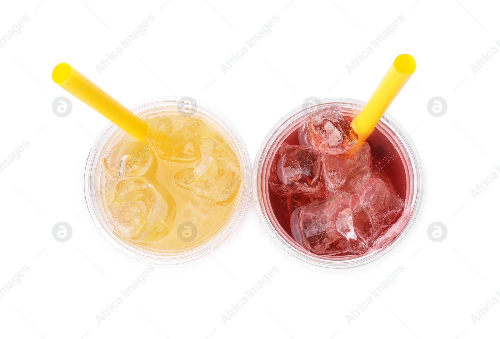 Photo of Tasty bubble tea in plastic cup isolated on white, top view