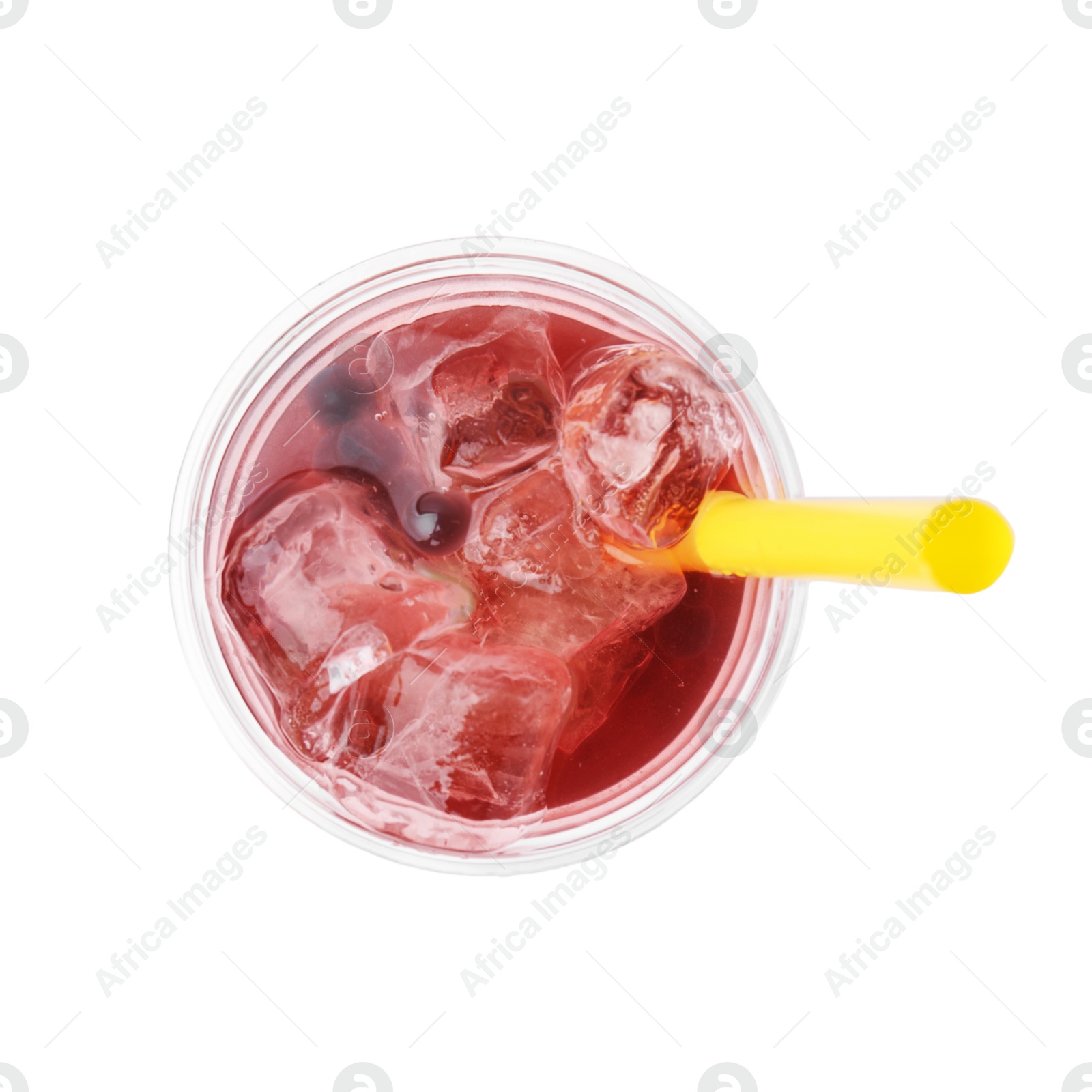 Photo of Tasty bubble tea in plastic cup isolated on white, top view