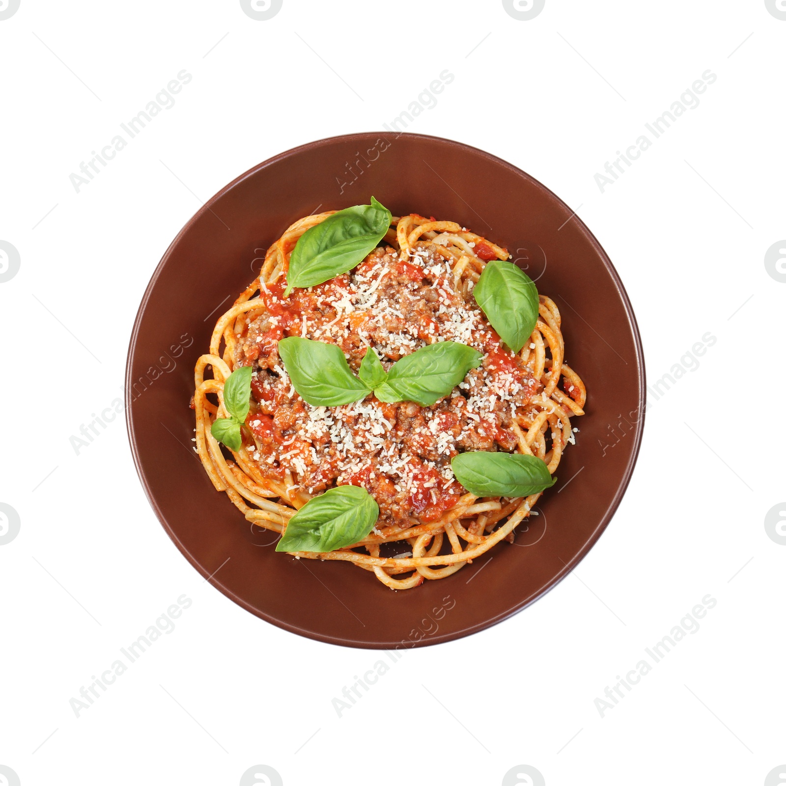 Photo of Delicious pasta bolognese with basil isolated on white, top view