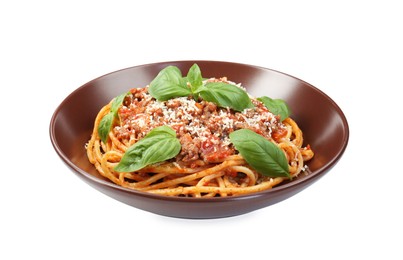 Photo of Delicious pasta bolognese with basil isolated on white