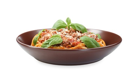 Photo of Delicious pasta bolognese with basil isolated on white