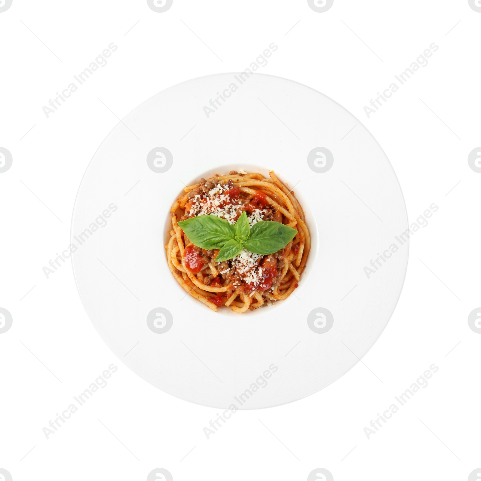 Photo of Delicious pasta bolognese with basil isolated on white, top view