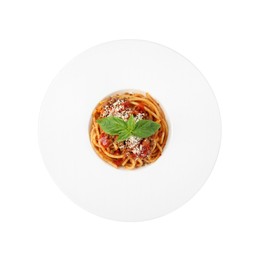 Photo of Delicious pasta bolognese with basil isolated on white, top view