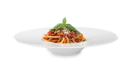 Photo of Delicious pasta bolognese with basil isolated on white