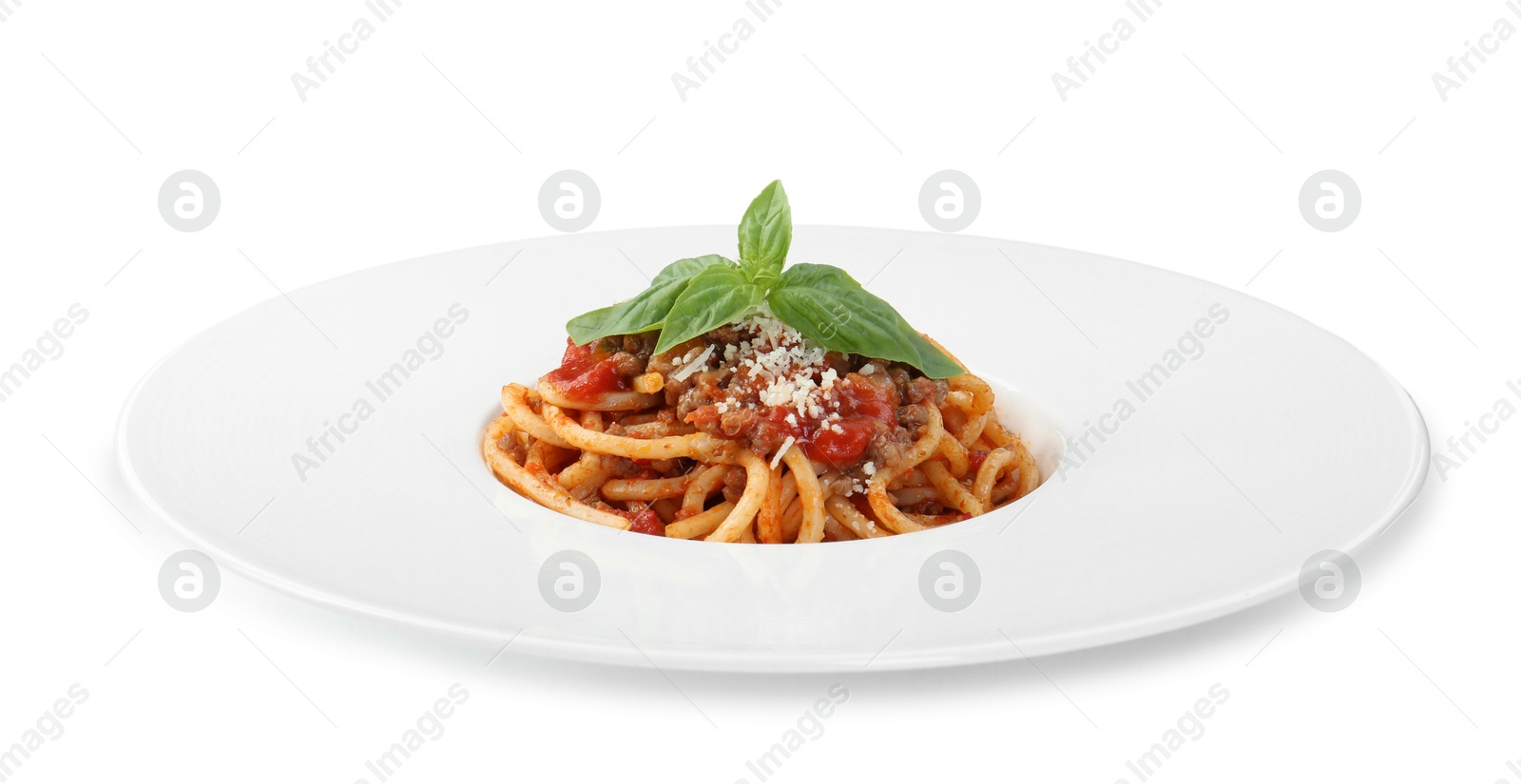 Photo of Delicious pasta bolognese with basil isolated on white