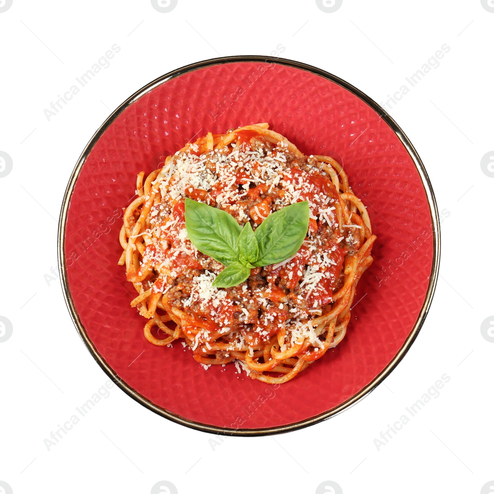 Photo of Delicious pasta bolognese with basil isolated on white, top view