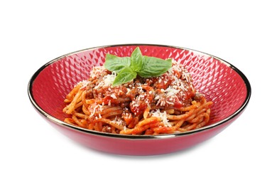 Photo of Delicious pasta bolognese with basil isolated on white