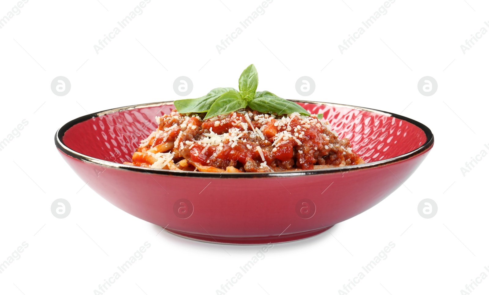 Photo of Delicious pasta bolognese with basil isolated on white