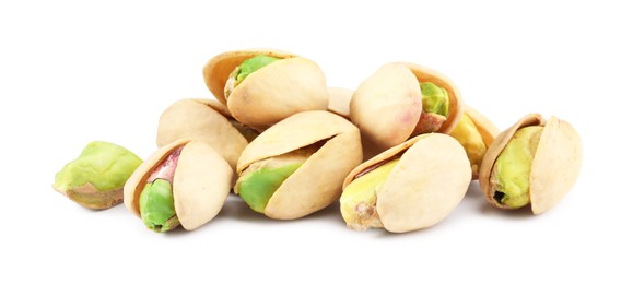 Heap of tasty pistachio nuts isolated on white