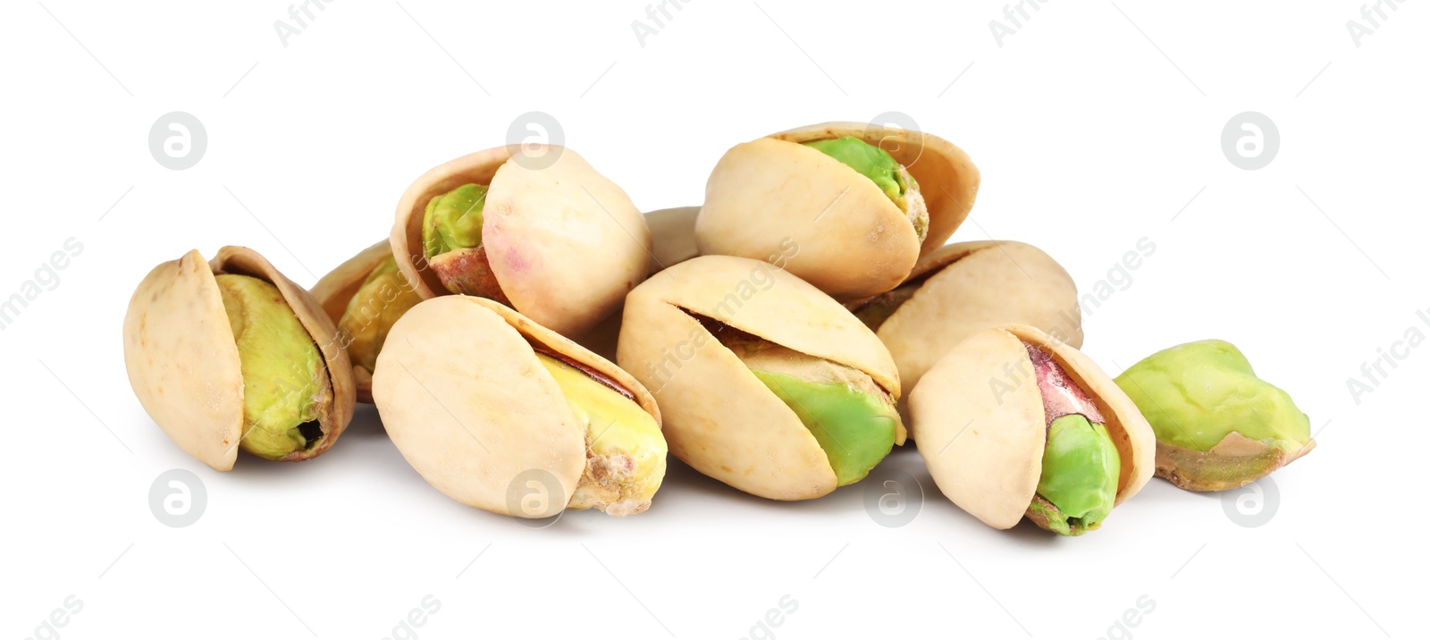 Photo of Heap of tasty pistachio nuts isolated on white