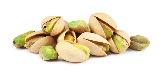 Heap of tasty pistachio nuts isolated on white