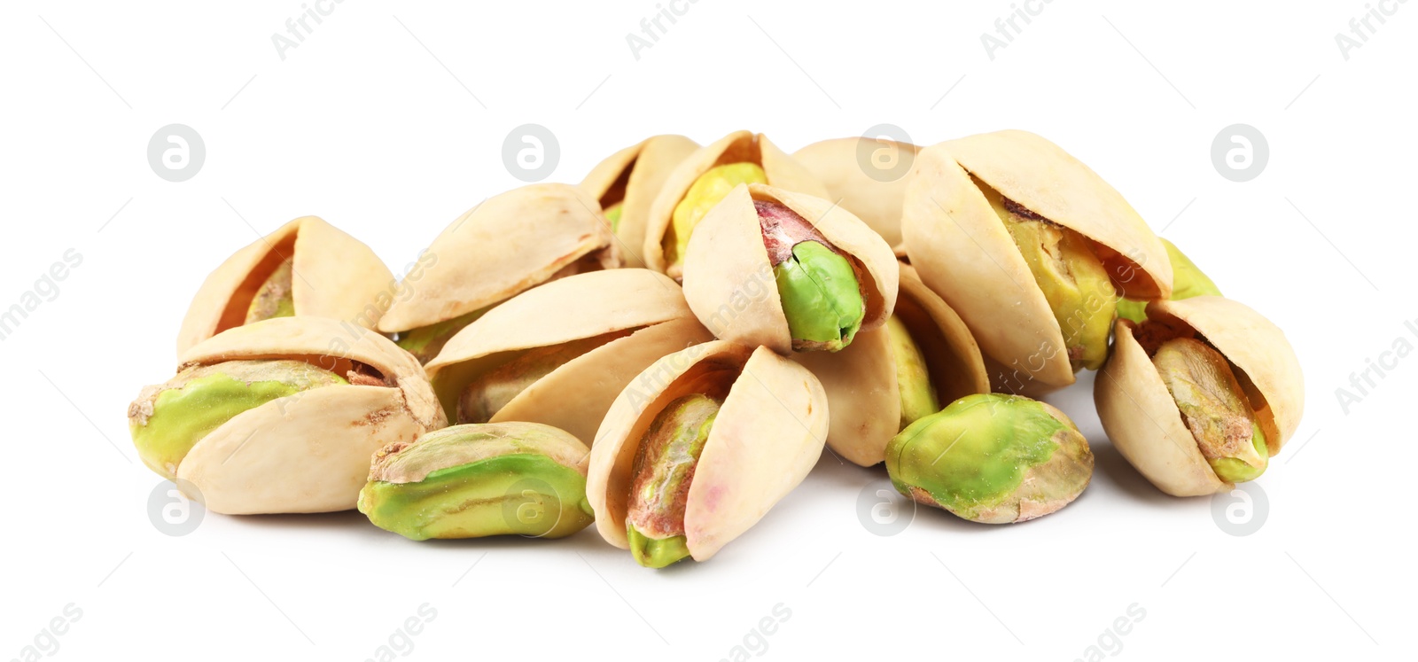 Photo of Heap of tasty pistachio nuts isolated on white