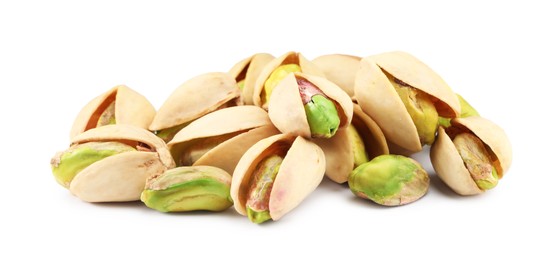 Heap of tasty pistachio nuts isolated on white