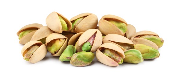 Heap of tasty pistachio nuts isolated on white