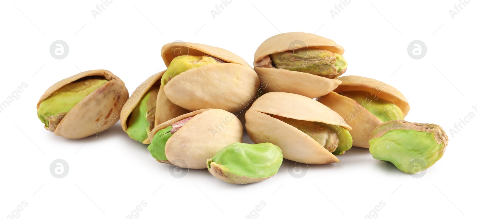 Photo of Heap of tasty pistachio nuts isolated on white