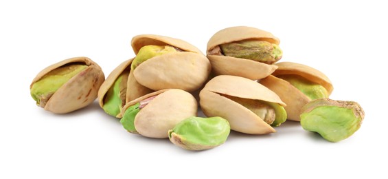 Heap of tasty pistachio nuts isolated on white