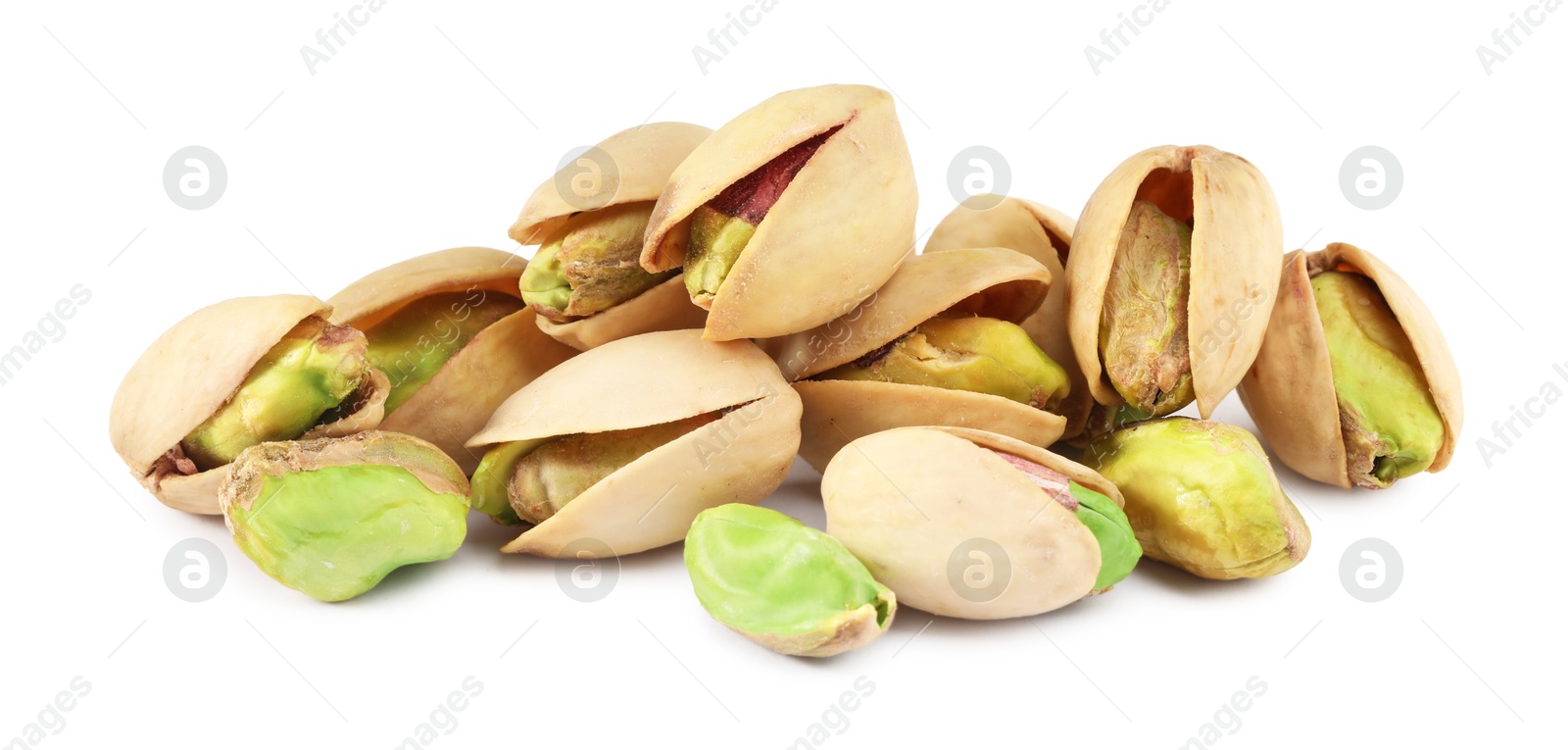 Photo of Heap of tasty pistachio nuts isolated on white