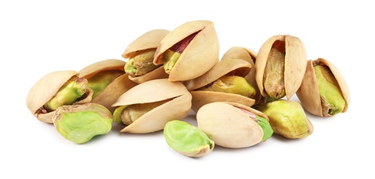 Heap of tasty pistachio nuts isolated on white