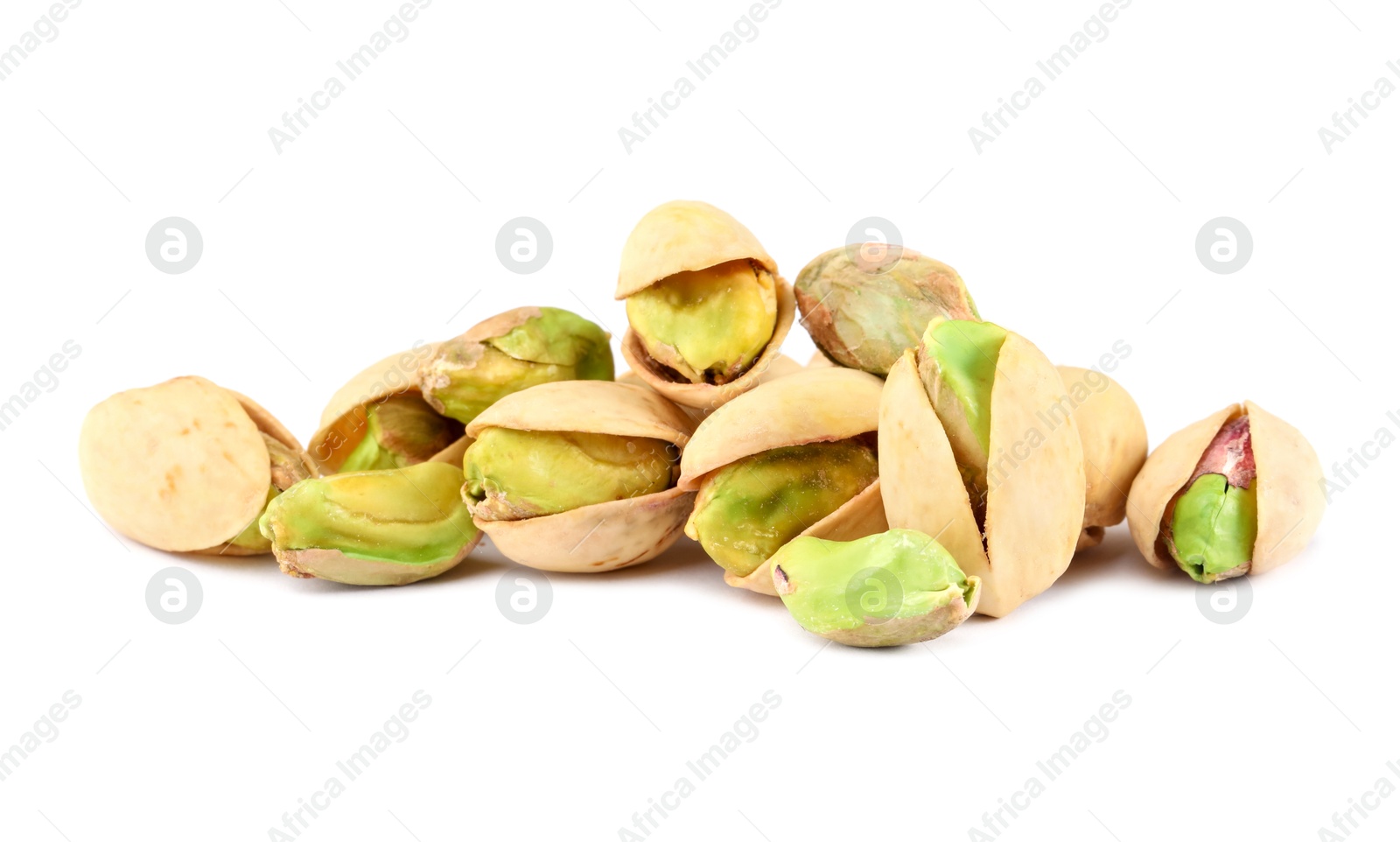 Photo of Heap of tasty pistachio nuts isolated on white