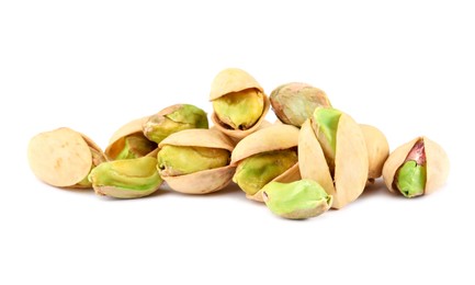 Heap of tasty pistachio nuts isolated on white