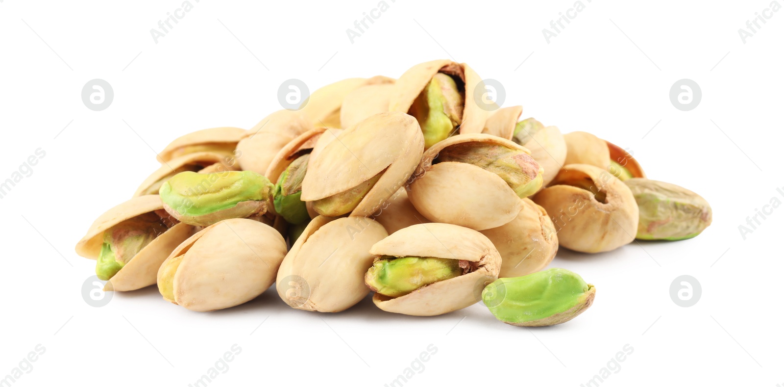 Photo of Heap of tasty pistachio nuts isolated on white